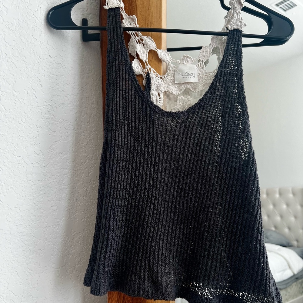 Audrey Dark Gray and White Crochet Tank Top